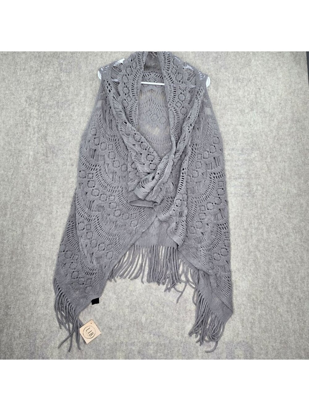 L.I.B New York Gray Knit Fringe Shawl Wrap Lightweight Textured Design
